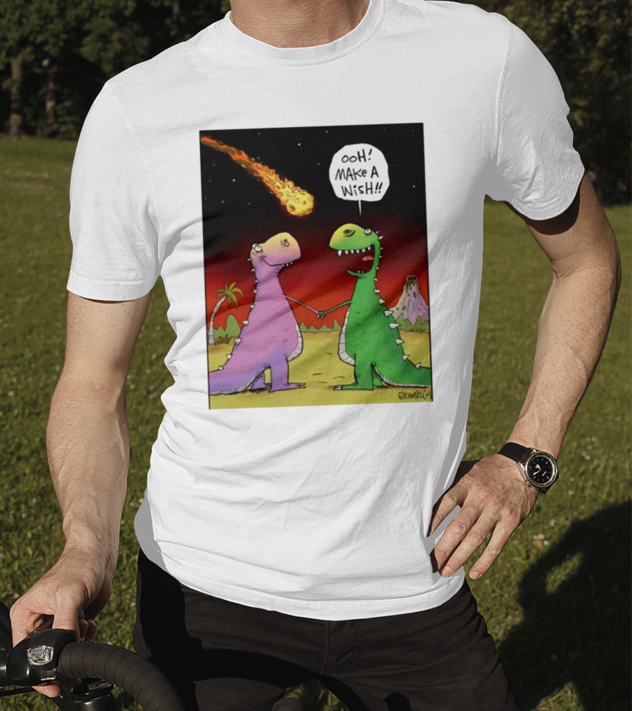 Glenn Mccoy Dinosaur Cartoon Ooh Make A Wish Meteorite Scene T-Shirt