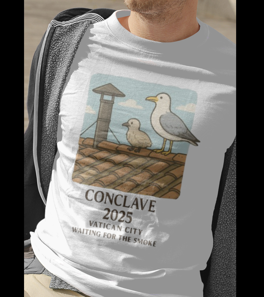 Conclave 2025 Vatican City Awaiting Papal Smoke Signal Seagulls On Roof T-Shirt