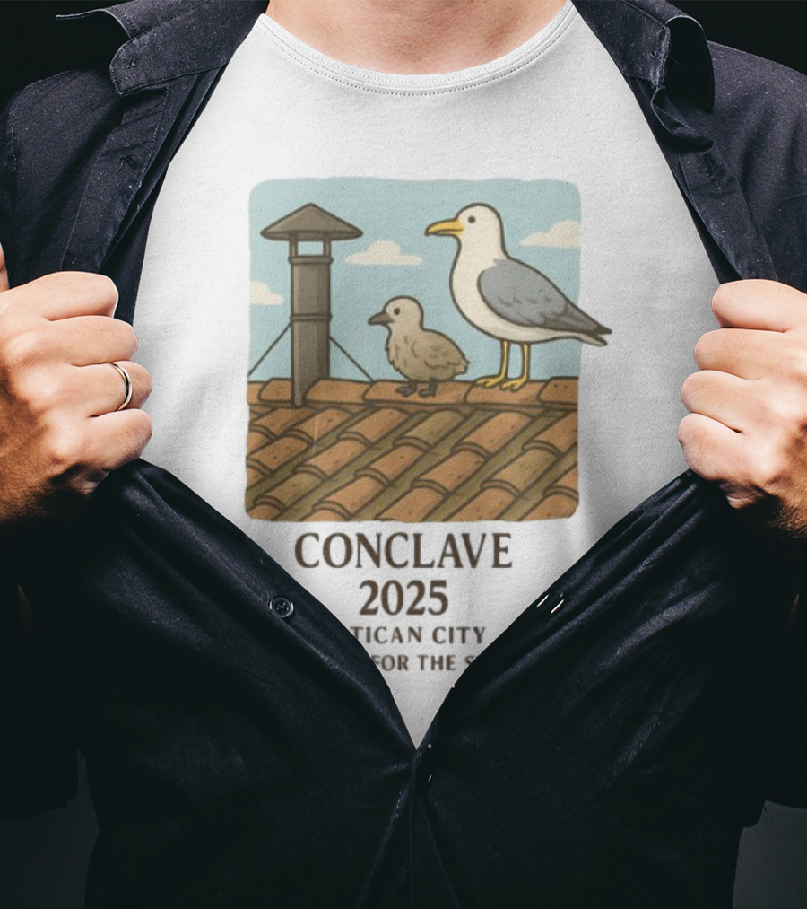 Conclave 2025 Vatican City Awaiting Papal Smoke Signal Seagulls On Roof T-Shirt