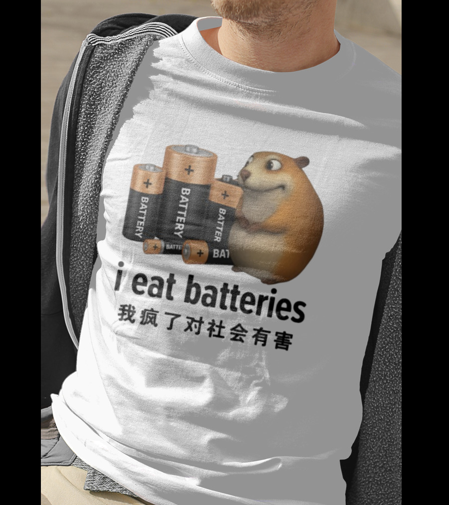 I Eat Batteries Funny Cartoon Hamster Chinese Text T-Shirt
