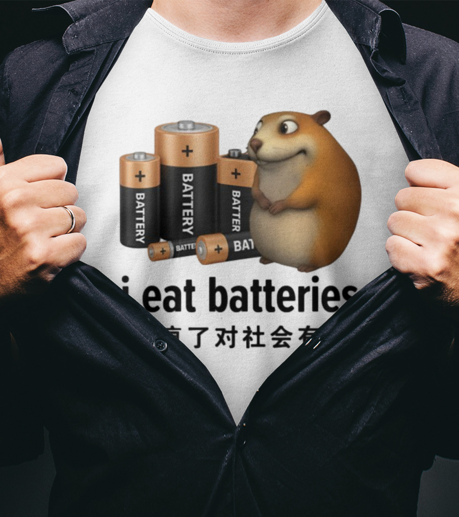 I Eat Batteries Funny Cartoon Hamster Chinese Text T-Shirt