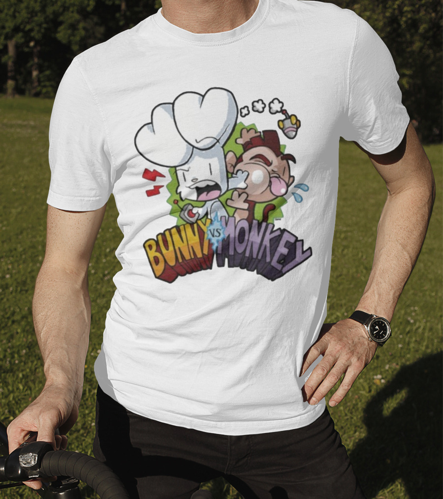 Bunny Vs Monkey Cartoon Rivalry Comic Style T-Shirt