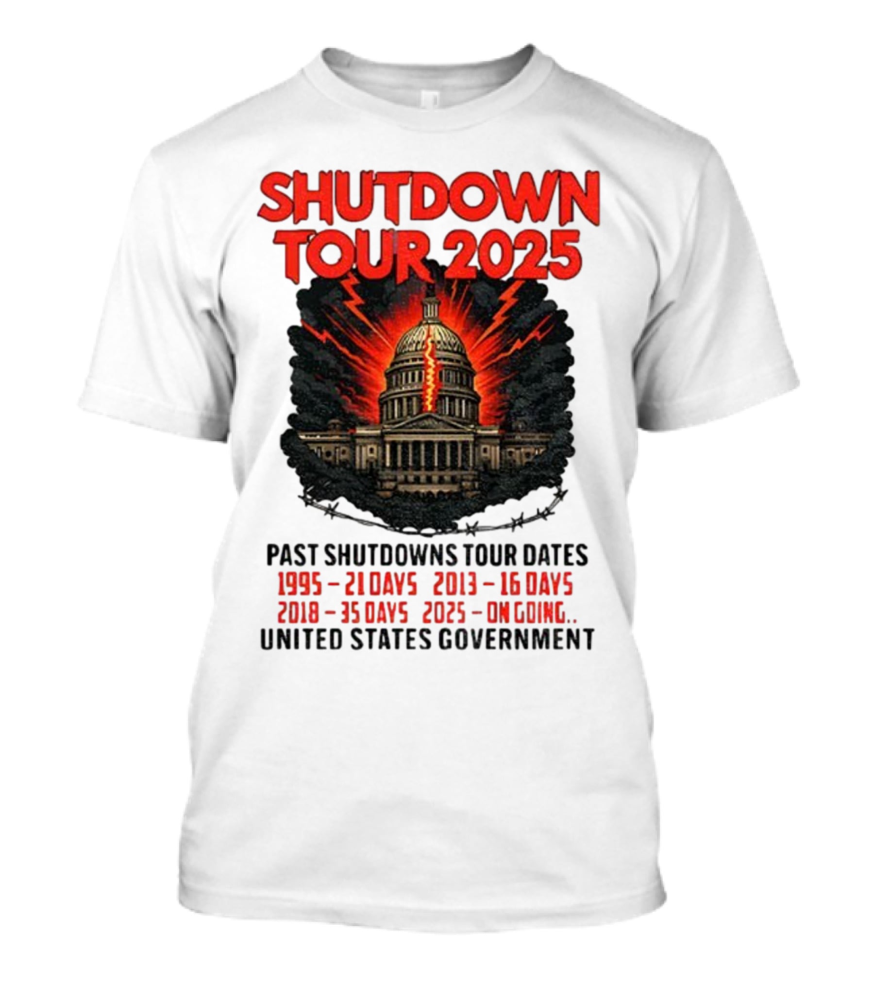 Shutdown Tour 2025 Past Shutdowns Dates 1995-21 Days 2013-16 Days 2018-35 Days 2025-On Going United States Capitol Art T-Shirt