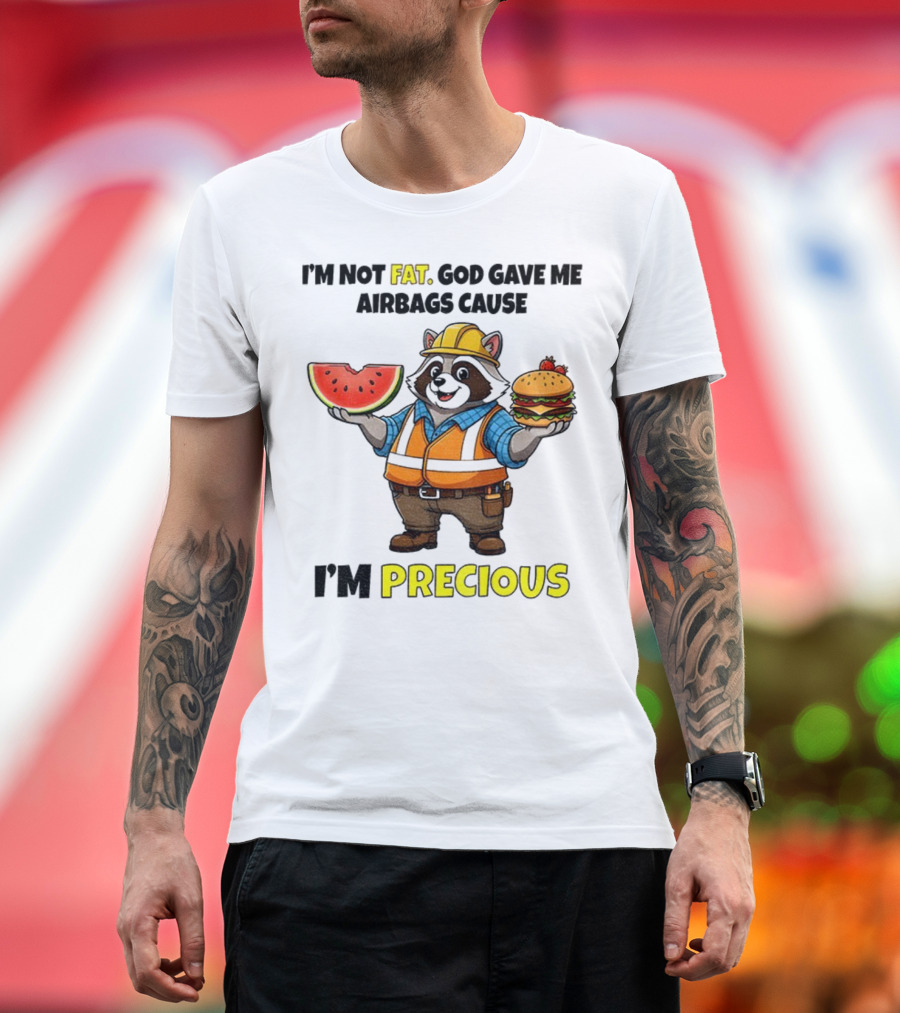 Raccoon In Safety Gear Holding Watermelon And Burger I'm Not Fat Precious T-Shirt