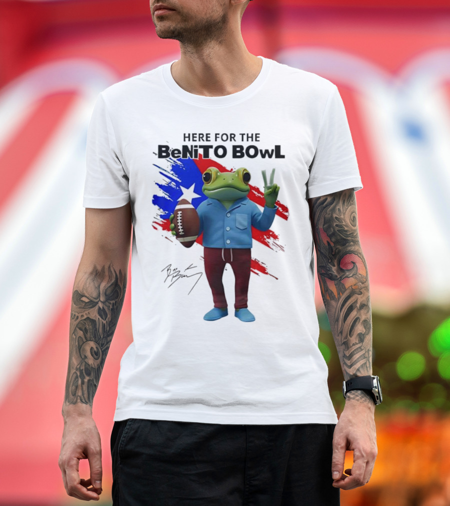 Bad Bunny Here For The Benito Bowl Super Bowl Frogs Puerto Rico Flag Football Peace Sign Signature T-Shirt
