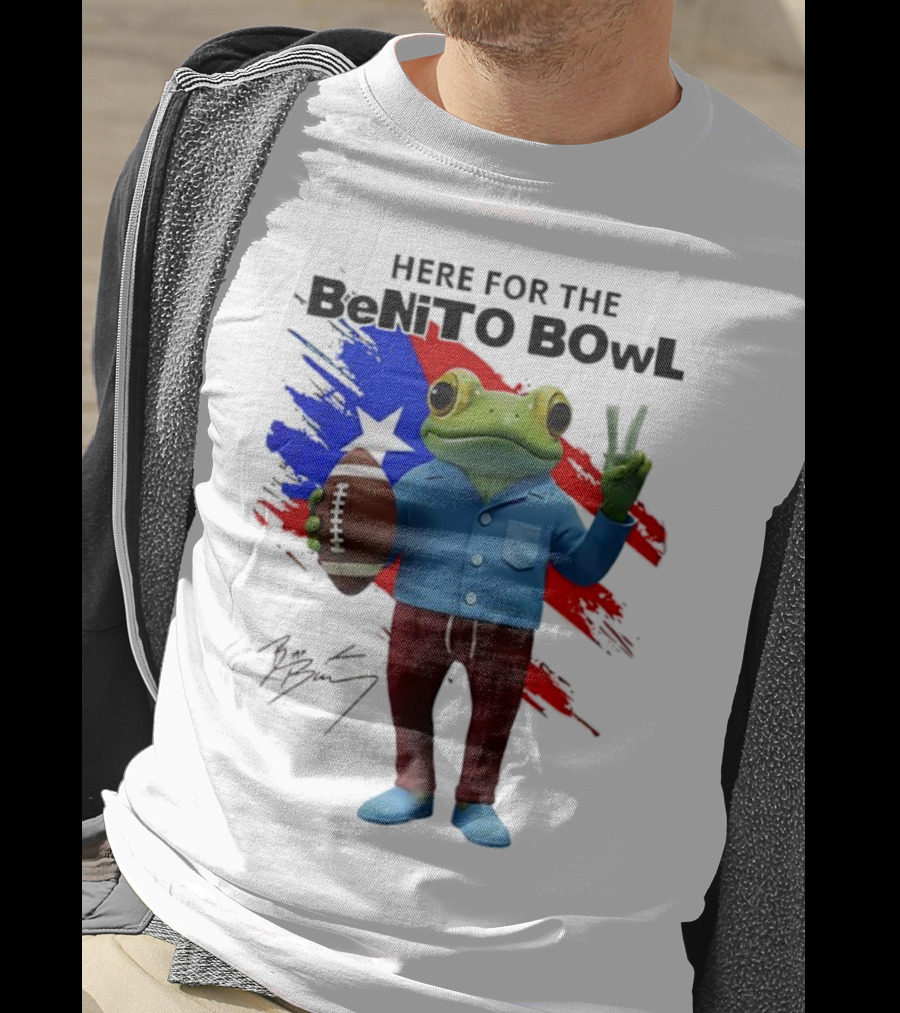 Bad Bunny Here For The Benito Bowl Super Bowl Frogs Puerto Rico Flag Football Peace Sign Signature T-Shirt