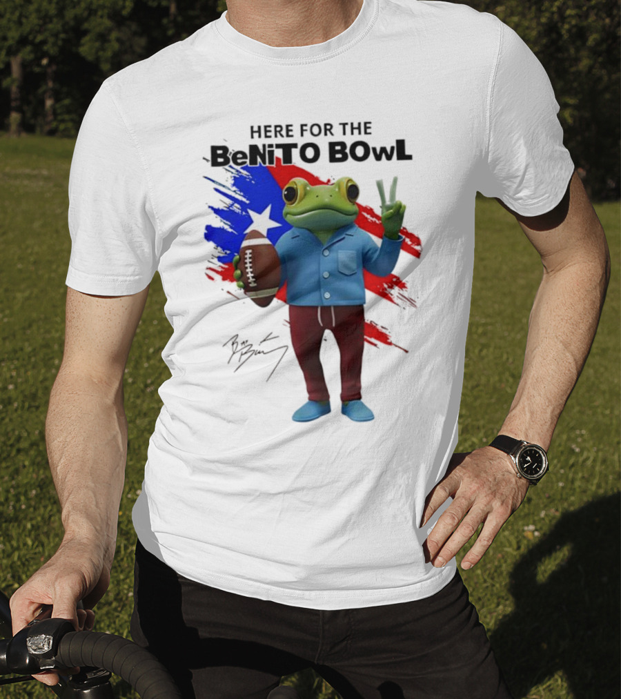 Bad Bunny Here For The Benito Bowl Super Bowl Frogs Puerto Rico Flag Football Peace Sign Signature T-Shirt