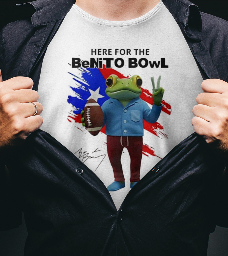 Bad Bunny Here For The Benito Bowl Super Bowl Frogs Puerto Rico Flag Football Peace Sign Signature T-Shirt