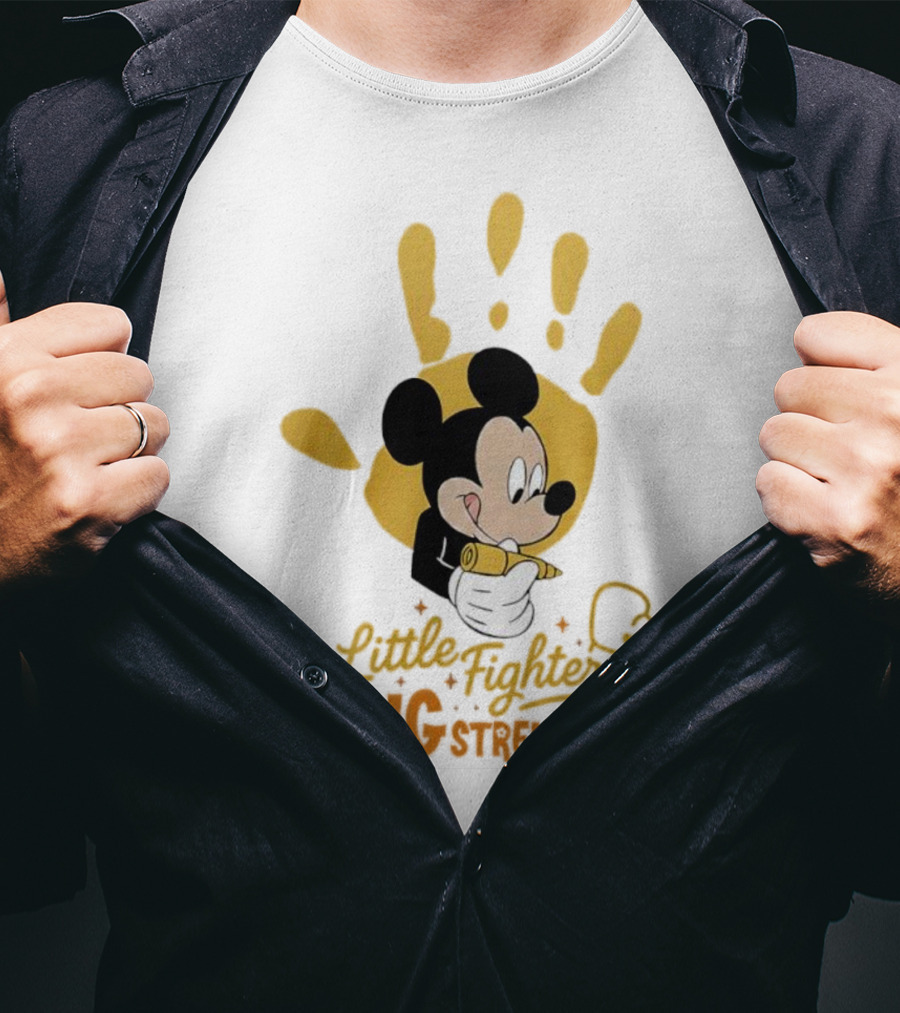 Mickey Mouse Little Fighter Big Strength Cancer Awareness Handprint T-Shirt
