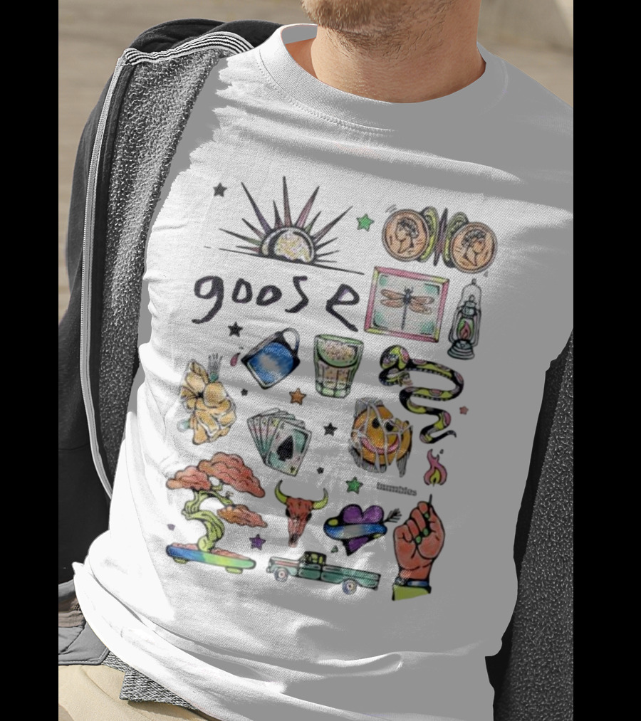 Goose Psychedelic Sunrise And Nature Symbols With Playing Cards Art T-Shirt
