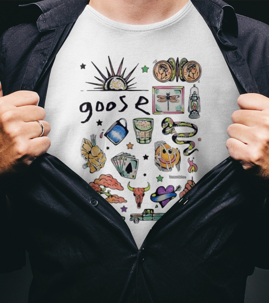 Goose Psychedelic Sunrise And Nature Symbols With Playing Cards Art T-Shirt