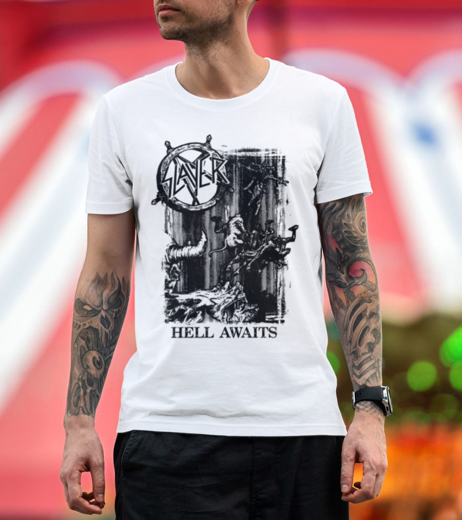 Monochrome Slayer Hell Awaits Acid Iconic Band Art T-Shirt