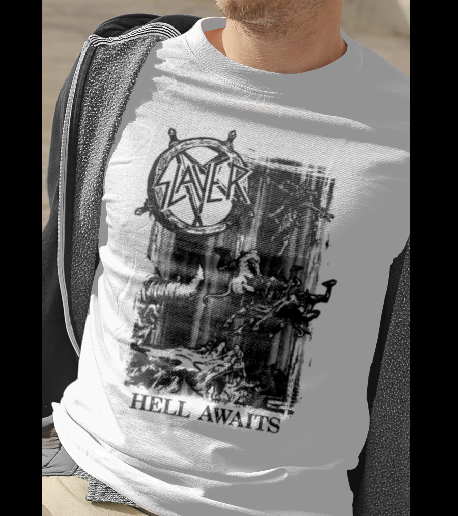 Monochrome Slayer Hell Awaits Acid Iconic Band Art T-Shirt