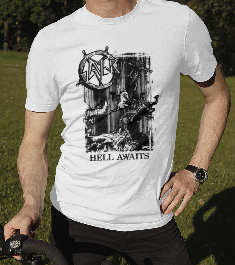 Monochrome Slayer Hell Awaits Acid Iconic Band Art T-Shirt