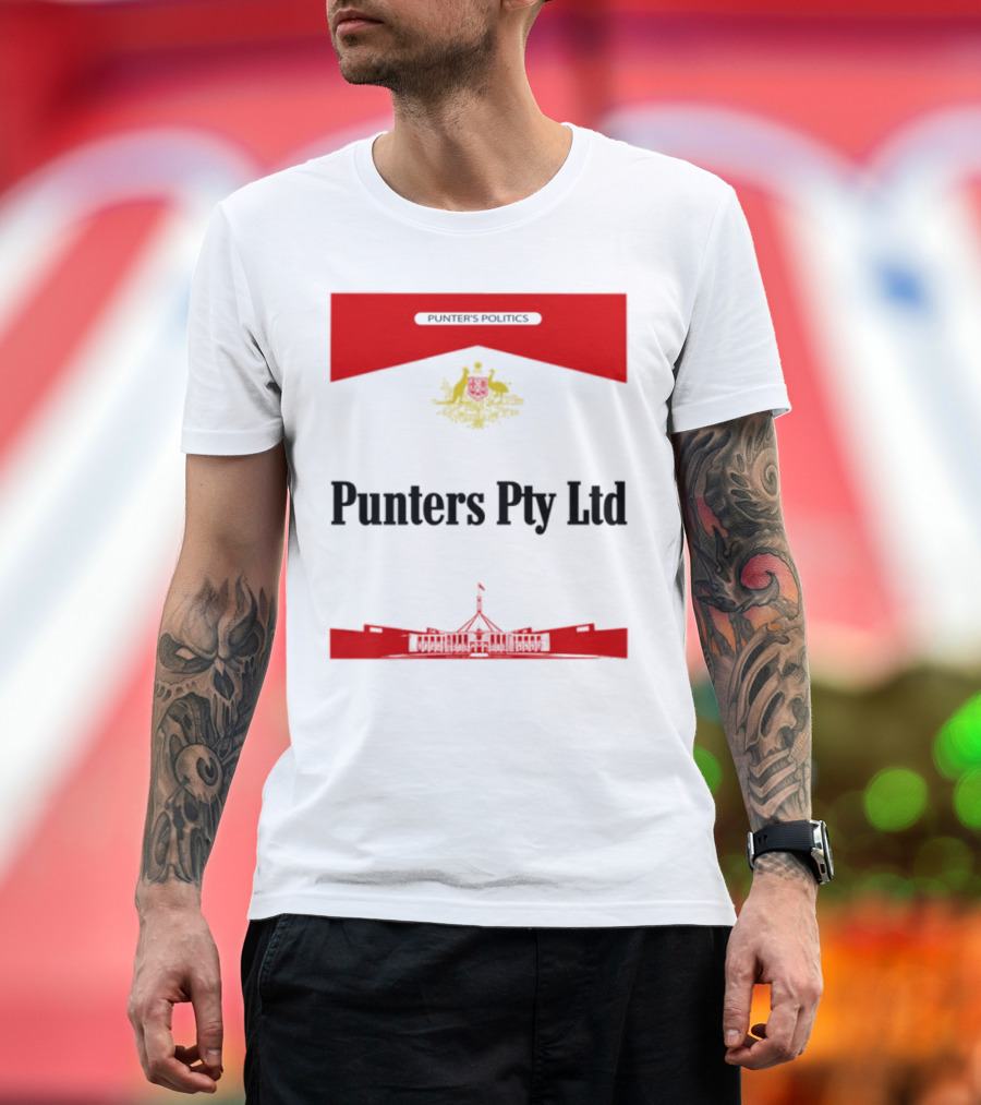 Punter's Lobbyist Uniform Australia's Parliament House Silhouette Red And Gold Emblem T-Shirt