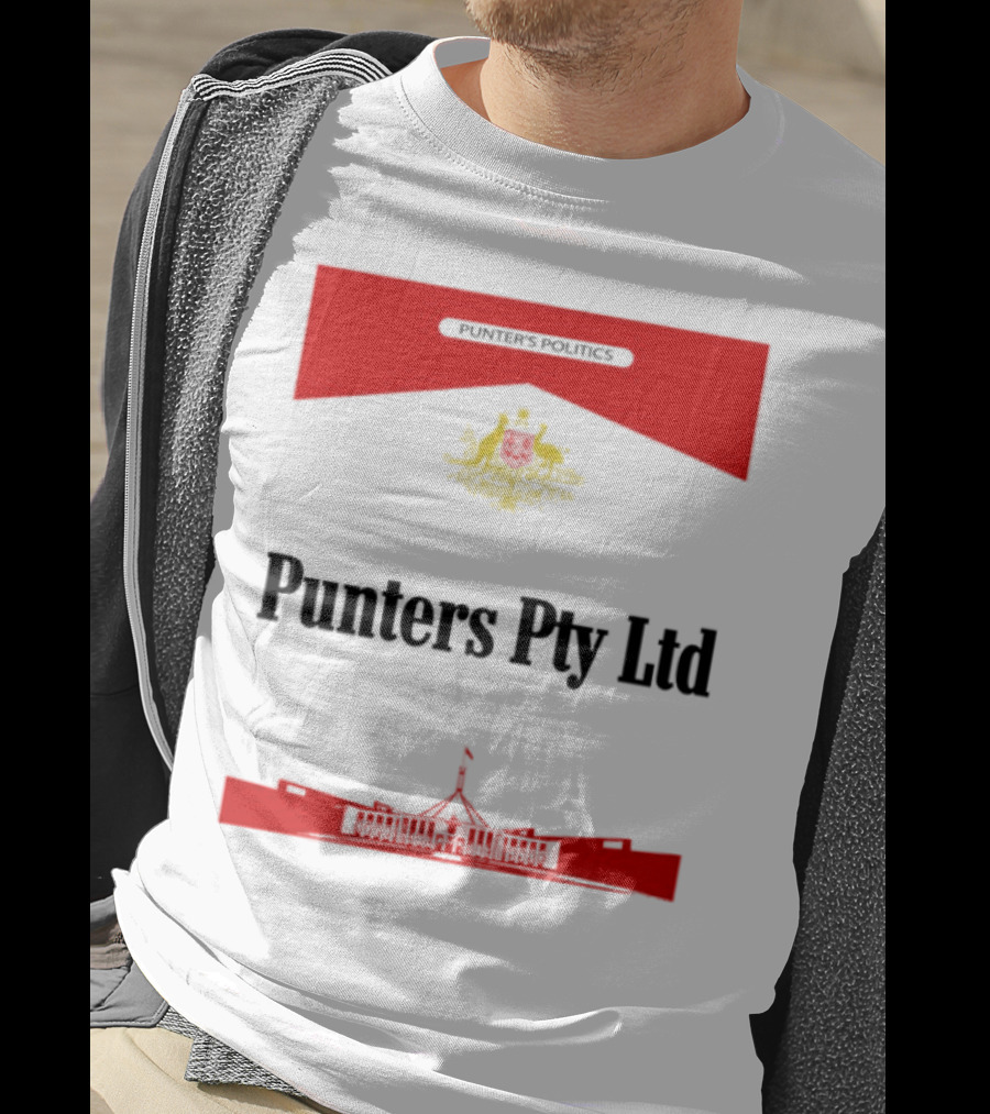 Punter's Lobbyist Uniform Australia's Parliament House Silhouette Red And Gold Emblem T-Shirt