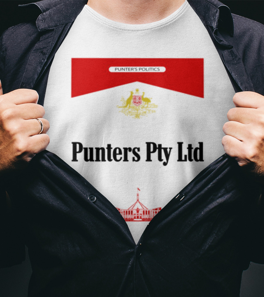 Punter's Lobbyist Uniform Australia's Parliament House Silhouette Red And Gold Emblem T-Shirt