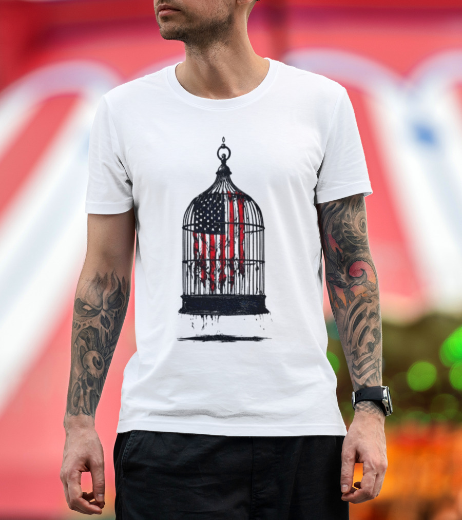 Caged Liberty American Flag Birdcage Government Shutdown T-Shirt