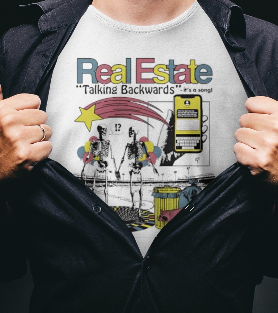 Real Estate Talking Backwards Song Star Phone Trash Can Raccoon T-Shirt