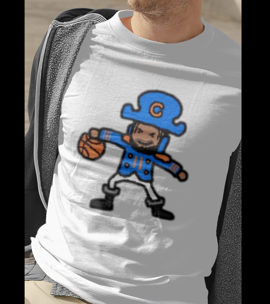 Captain Clutch Basketball Cartoon Character Blue Hat And Jacket T-Shirt