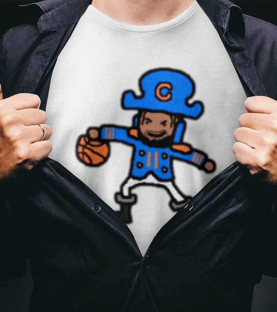 Captain Clutch Basketball Cartoon Character Blue Hat And Jacket T-Shirt