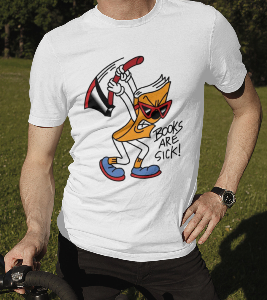 Nick Parry Axed Books Are Sick Animated Character With Pickaxe Sunglasses And Sneakers T-Shirt