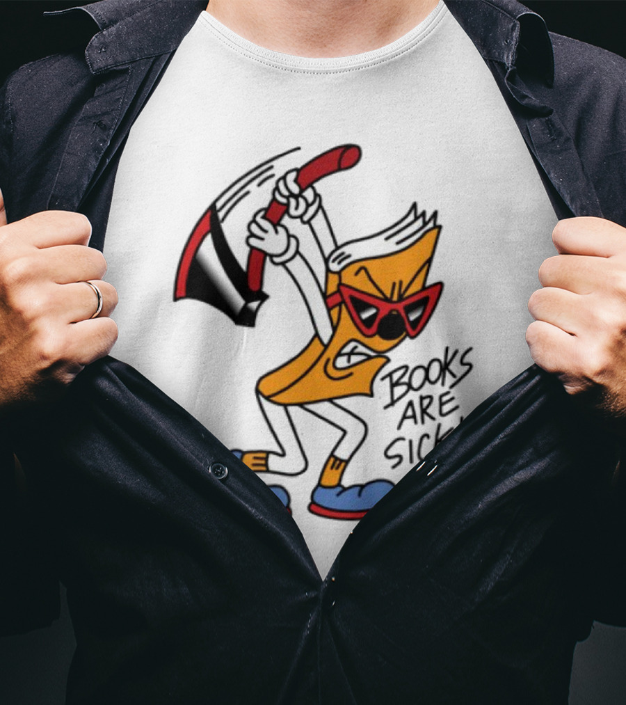 Nick Parry Axed Books Are Sick Animated Character With Pickaxe Sunglasses And Sneakers T-Shirt