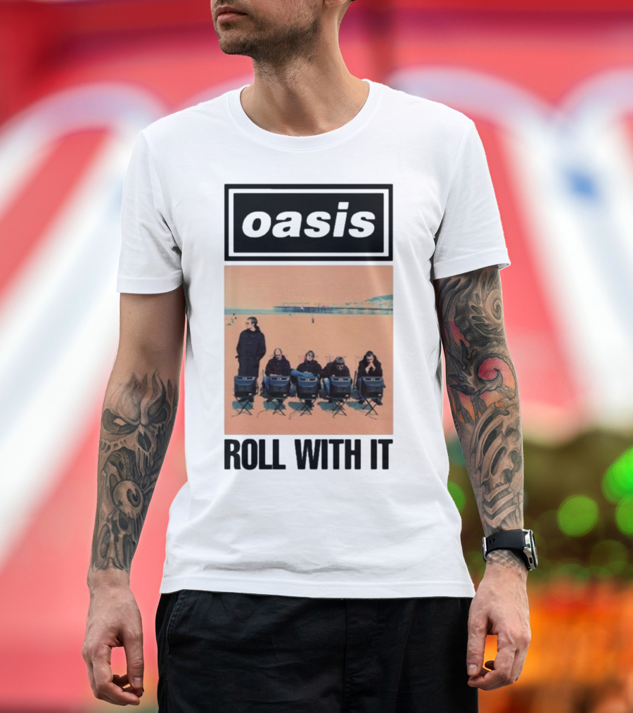 Oasis Roll With It Single Beach Scene Retro Style T-Shirt