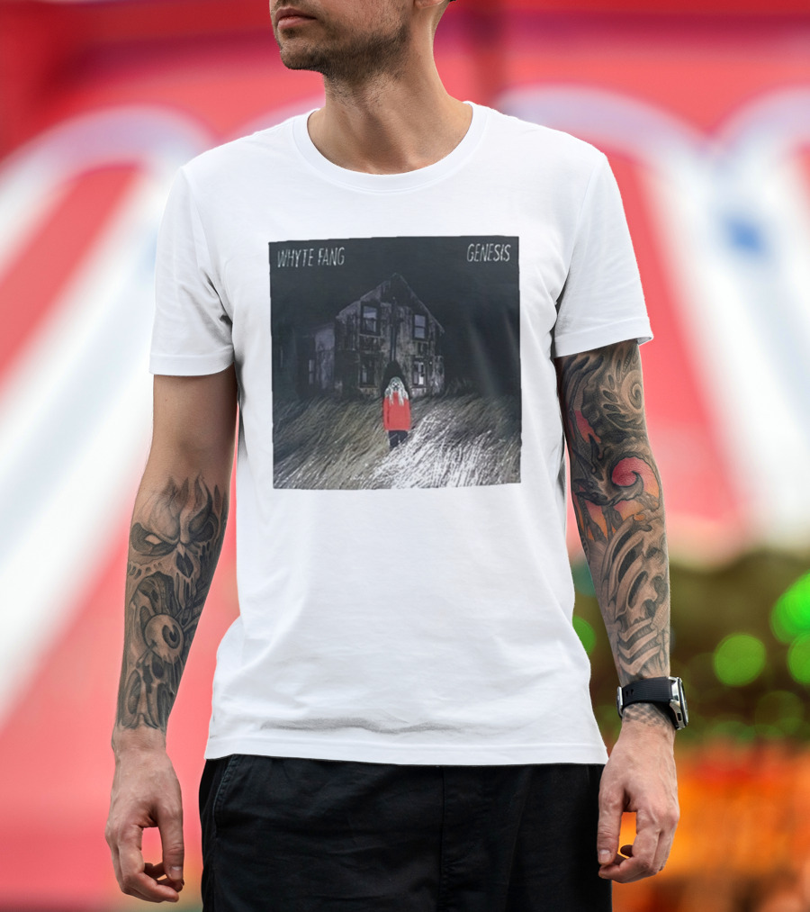 Whyte Fang Genesis Album Cover Creepy House And Figure In Red Jacket T-Shirt