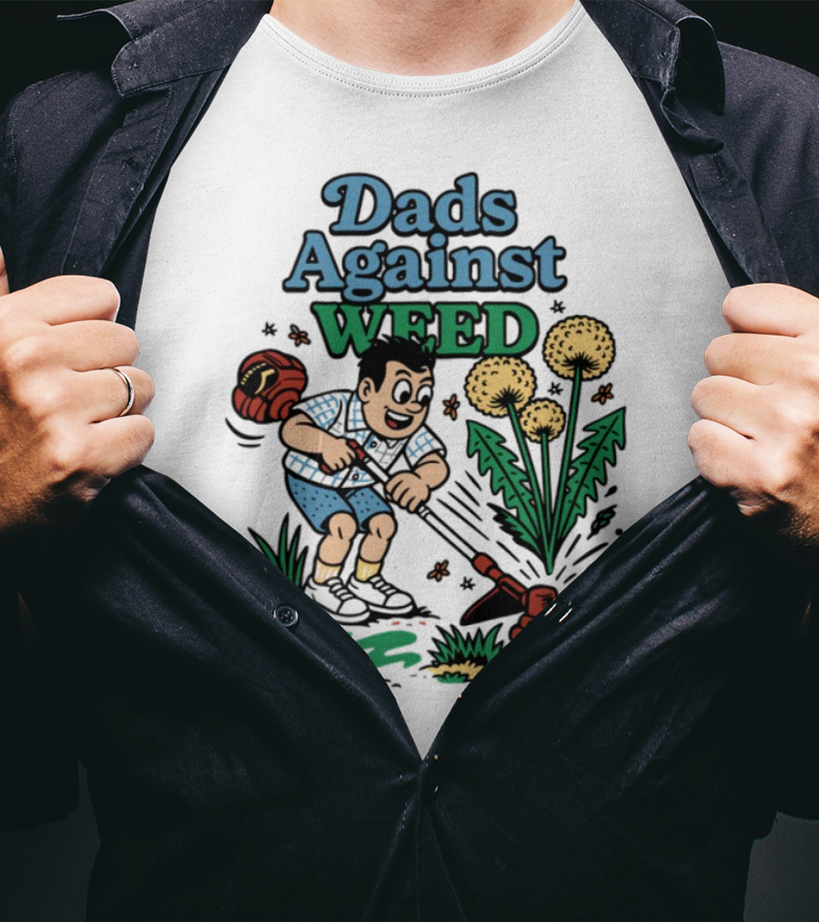 Dads Against Weed Cartoon Boy And Dandelions Gardening Style T-Shirt