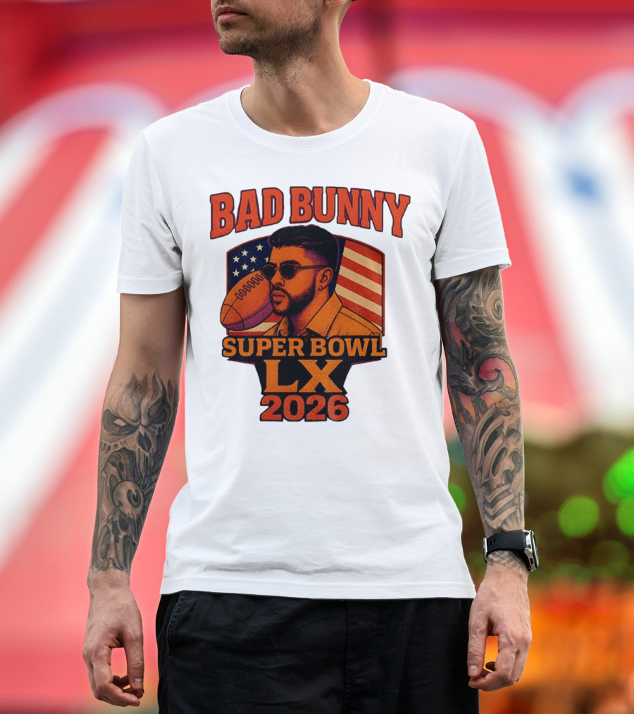 Bad Bunny Super Bowl LX 2026 American Flag Football Graphic T-Shirt