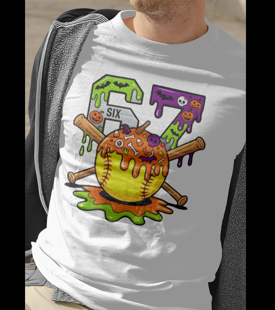 Halloween Softball 67 Six Seven Dripping Bats Pumpkins Bones Skull T-Shirt