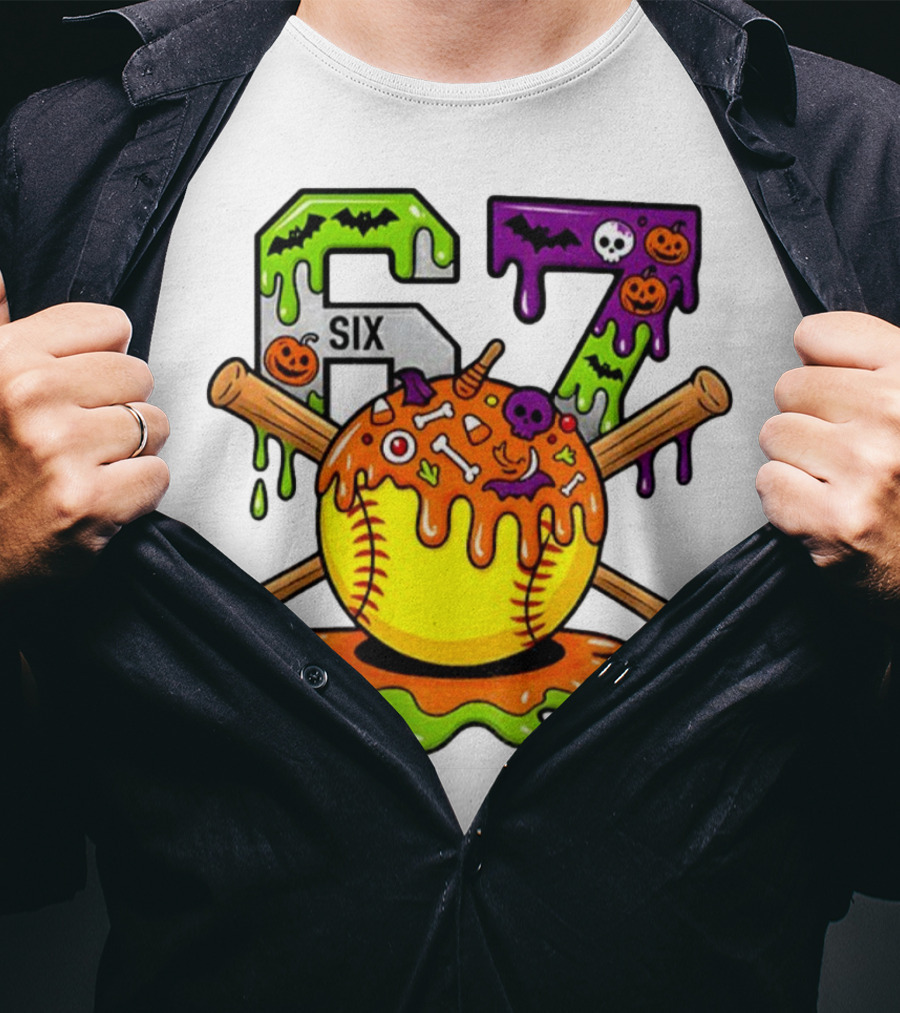 Halloween Softball 67 Six Seven Dripping Bats Pumpkins Bones Skull T-Shirt