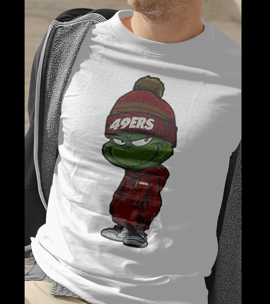 Grinch Wearing 49ers Beanie And San Francisco Football Crossover T-Shirt
