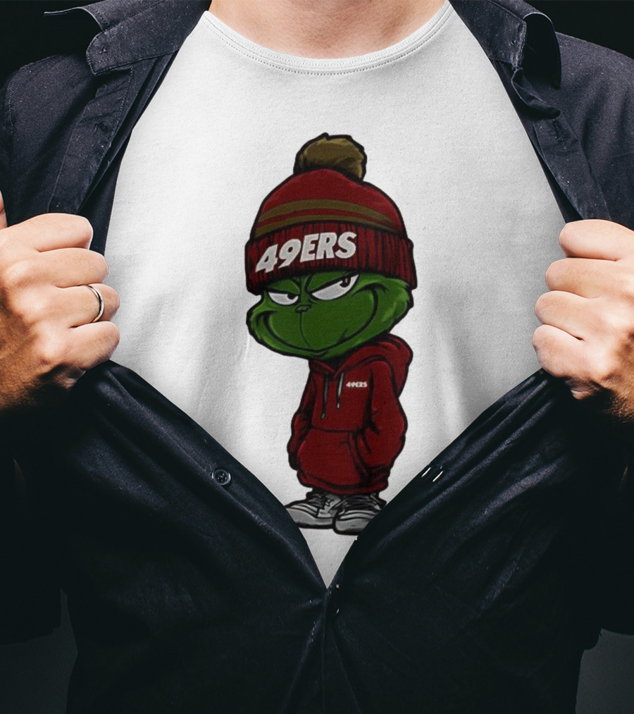 Grinch Wearing 49ers Beanie And San Francisco Football Crossover T-Shirt