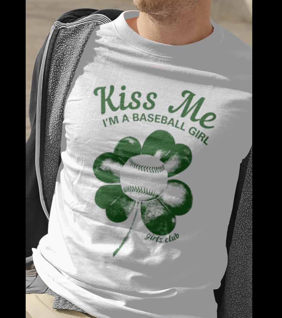 Kiss Me I'm A Baseball Girl Four Leaf Clover Stitch Lines T-Shirt