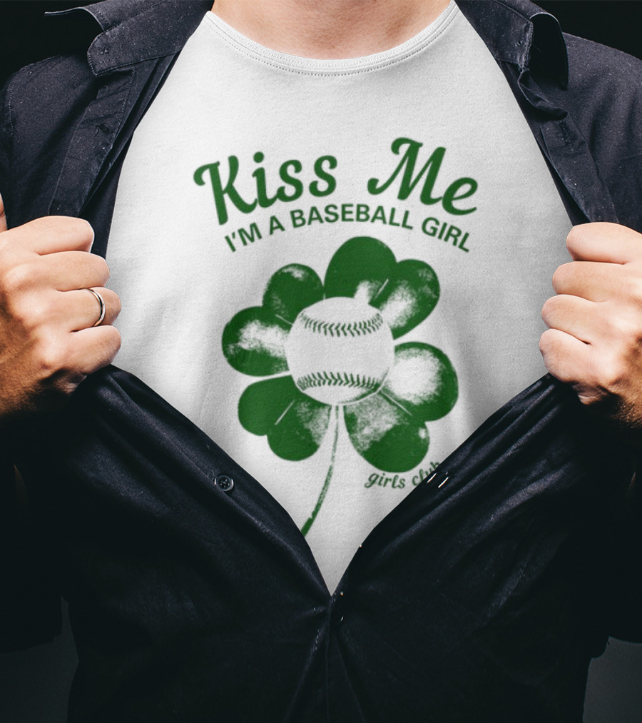 Kiss Me I'm A Baseball Girl Four Leaf Clover Stitch Lines T-Shirt