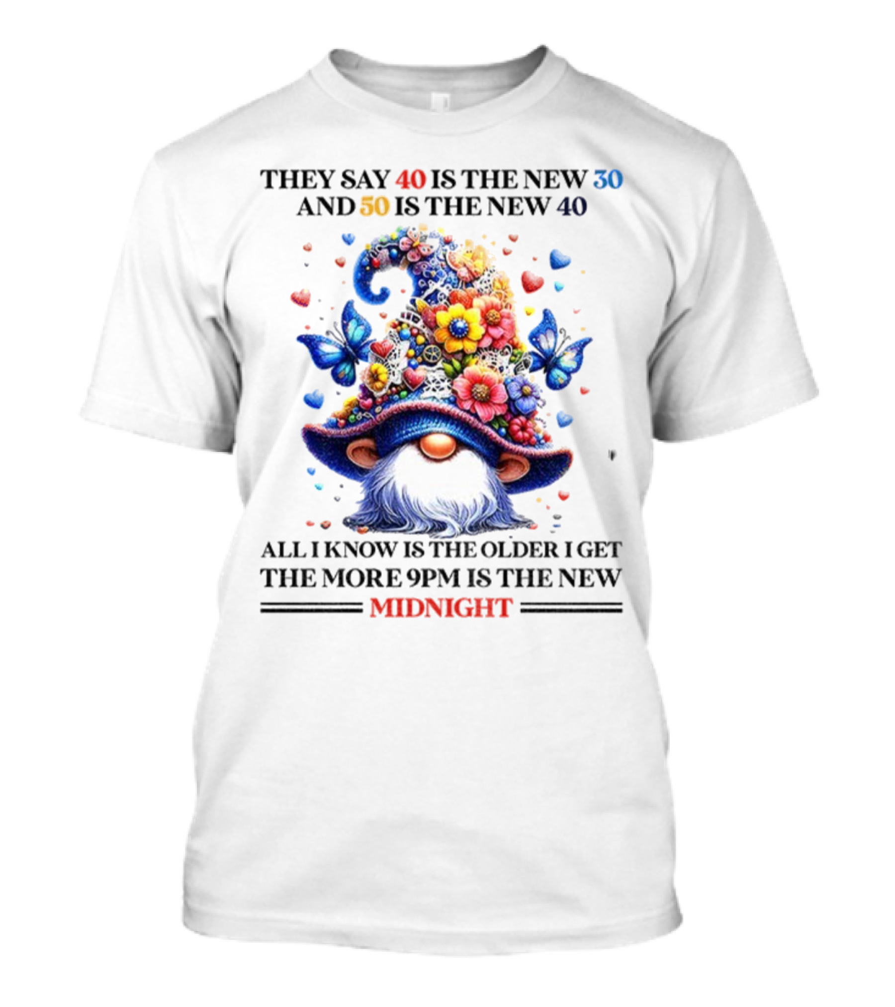 They Say 40 Is The New 30 Funny Gnome Midnight 50 Is The New 40 Older I Get 9PM Is The New T-Shirt