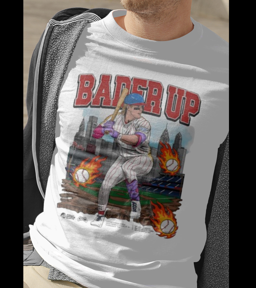 Bader Up Baseball Player Philadelphia Skyline And Flaming Baseballs T-Shirt