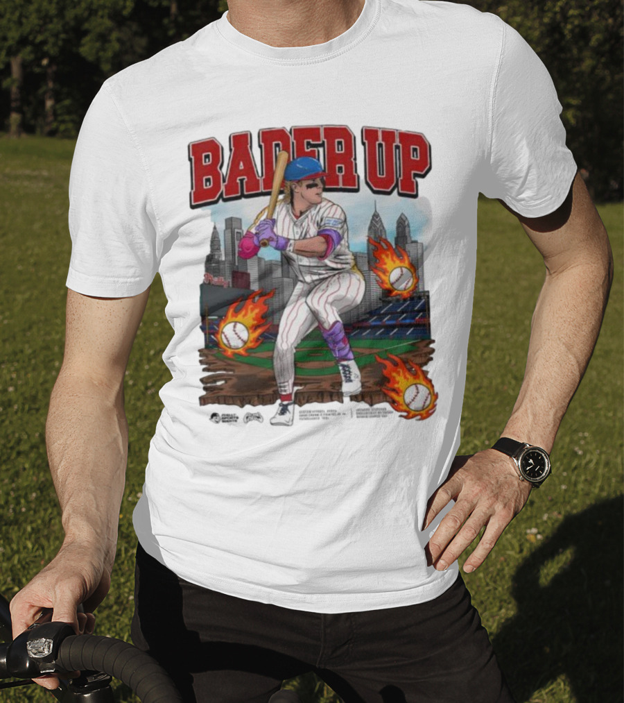 Bader Up Baseball Player Philadelphia Skyline And Flaming Baseballs T-Shirt