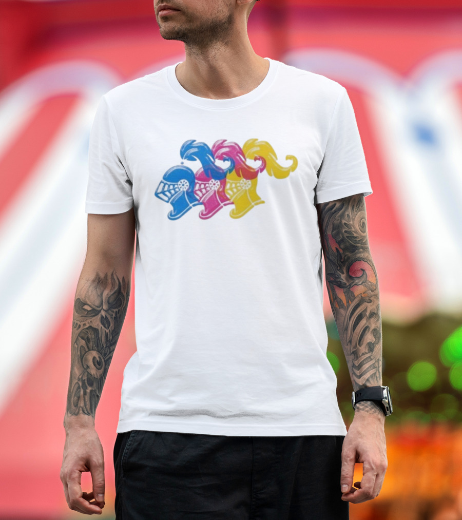 James Boogie Risso Knight Helmet Trio Blue Pink Yellow T-Shirt