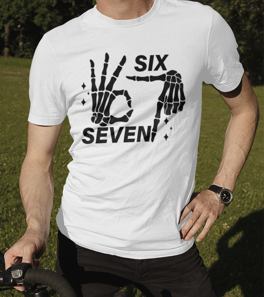 Six Seven Meme Skeleton Hands Funny Halloween T-Shirt