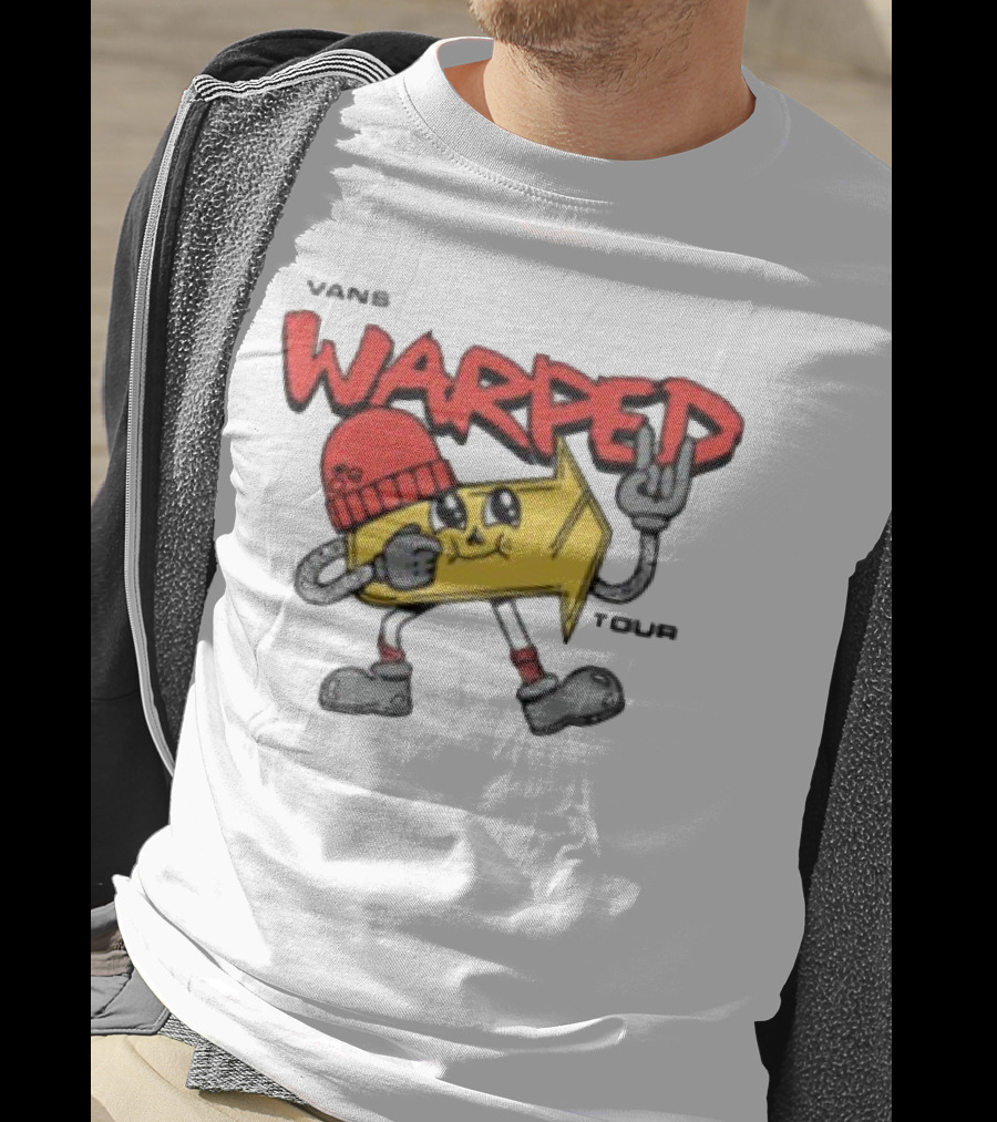 Vans Warped Tour Yellow Arrow Mascot With Red Beanie And Rock Gesture T-Shirt