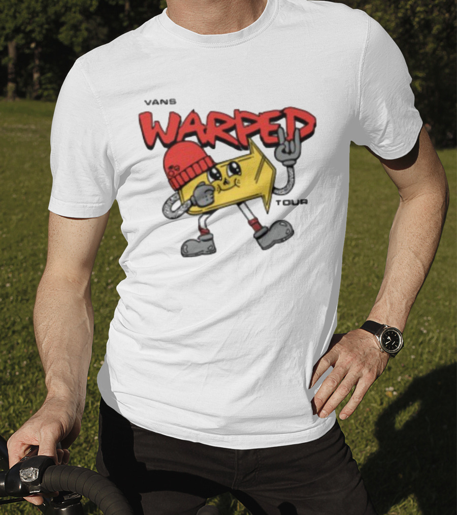 Vans Warped Tour Yellow Arrow Mascot With Red Beanie And Rock Gesture T-Shirt