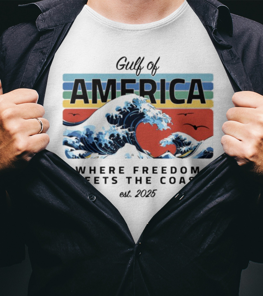 Gulf Of America Where Freedom Meets The Coast Est. 2025 Waves And Sunset Scene T-Shirt