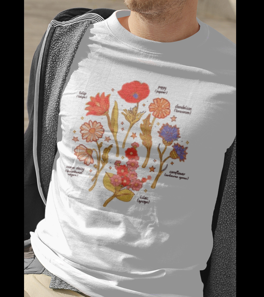 Botanical Revival Tulip Poppy Daisy Cosmos Lavender Floral Arrangement T-Shirt