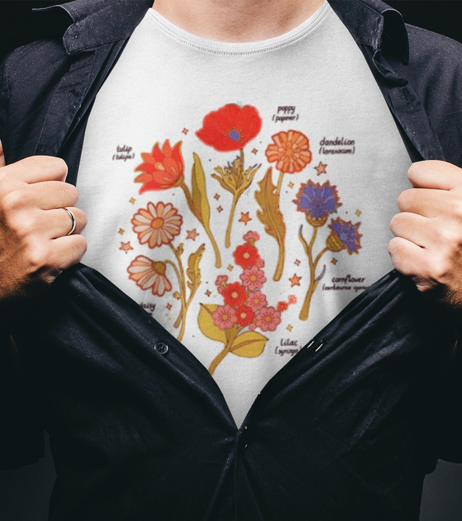 Botanical Revival Tulip Poppy Daisy Cosmos Lavender Floral Arrangement T-Shirt