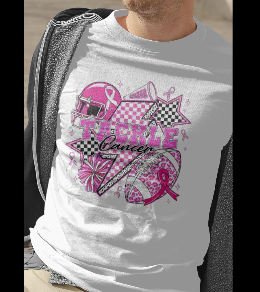 Pink Football Tackle Cancer Cheer Breast Cancer Awareness Ribbons T-Shirt