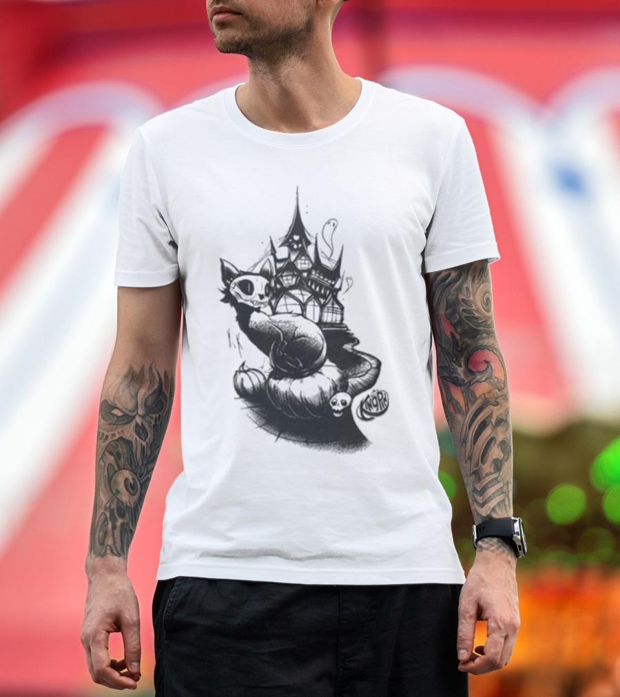 Kingpin Skelecat Haunt By Kellan Horner Ghostly Cat With Crown And Smoke T-Shirt