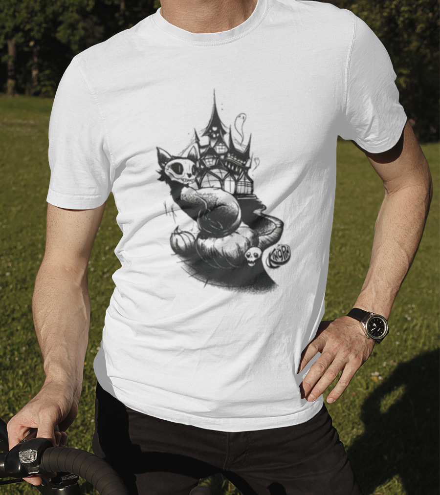 Kingpin Skelecat Haunt By Kellan Horner Ghostly Cat With Crown And Smoke T-Shirt